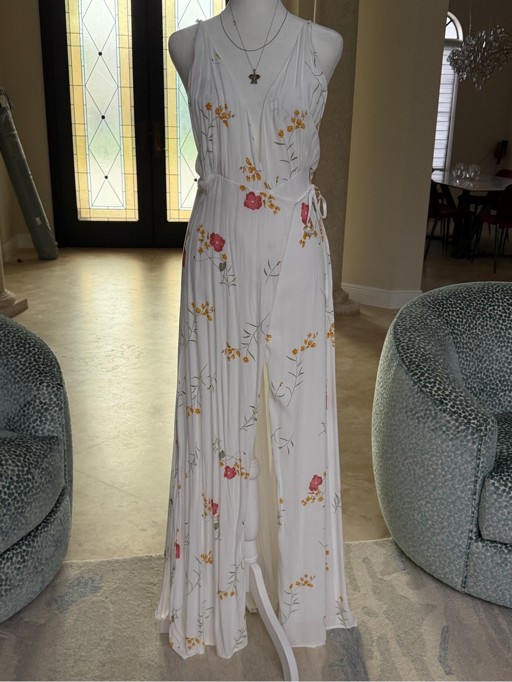 White Floral Wrap Jumpsuit with Pink & Yellow Blossoms